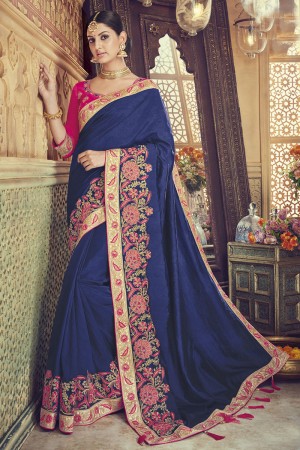 Ultimate Navy Blue Silk Embroidered Saree With Banglori Silk Blouse