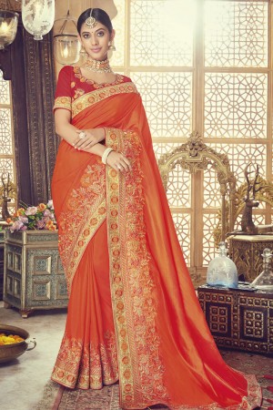 Graceful Orange Silk Embroidered Saree With Banglori Silk Blouse