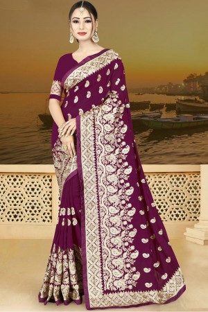 Beautiful Purple Silk Embroidered Saree With Silk Blouse