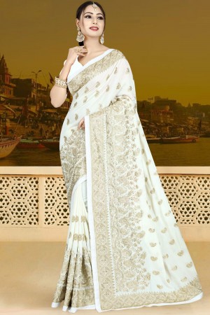 Admirable White Silk Embroidered Saree With Silk Blouse