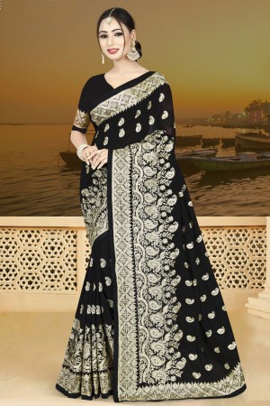Desirable Black Silk Embroidered Saree With Silk Blouse