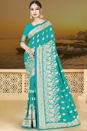 Classic Turquoise Silk Embroidered Saree With Silk Blouse