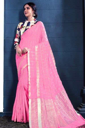 Ultimate Pink Linen Silk Printed Designer Saree With Banglori Linen Silk Blouse