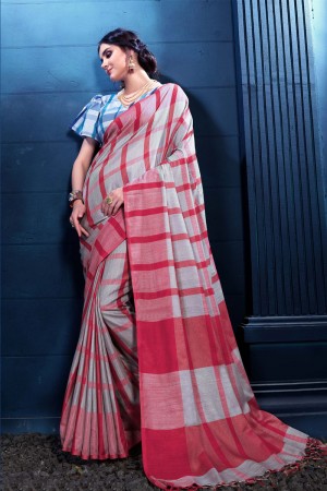 Gorgeous Red and Grey Linen Silk Printed Designer Saree With Banglori Linen Silk Blouse