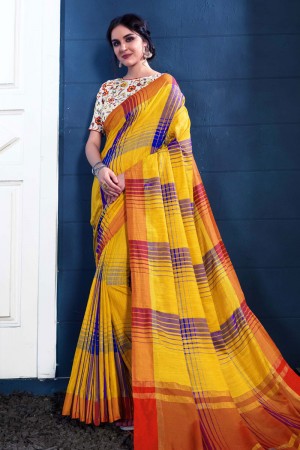 Charming Yellow Linen Silk Printed Designer Saree With Banglori Linen Silk Blouse
