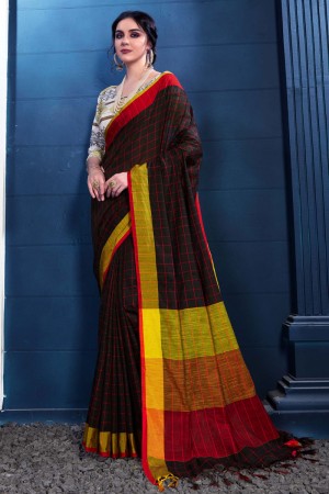 Pretty Black Linen Silk Printed Designer Saree With Banglori Linen Silk Blouse