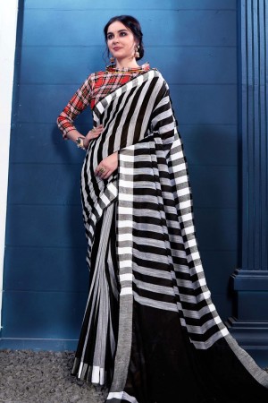 Classic Black and White Linen Silk Printed Designer Saree With Banglori Linen Silk Blouse