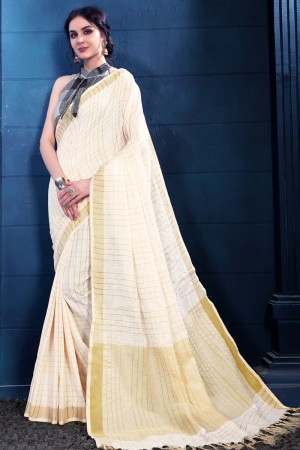 Admirable Off White Linen Silk Printed Designer Saree With Banglori Linen Silk Blouse