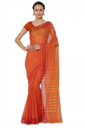 Stylish Orange Cotton and Silk Printed Casual Saree With Cotton and Silk Blouse