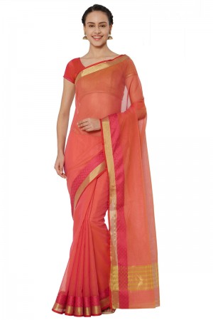 Gorgeous Peach Cotton and Silk Printed Casual Saree With Cotton and Silk Blouse