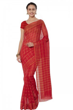 Classic Red Cotton and Silk Printed Casual Saree With Cotton and Silk Blouse