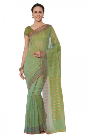 Charming Green Cotton and Silk Printed Casual Saree With Cotton and Silk Blouse