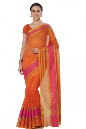Pretty Orange Cotton and Silk Printed Casual Saree With Cotton and Silk Blouse