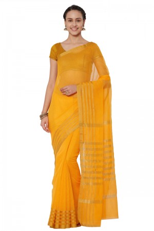 Lovely Yellow Cotton and Silk Printed Casual Saree With Cotton and Silk Blouse