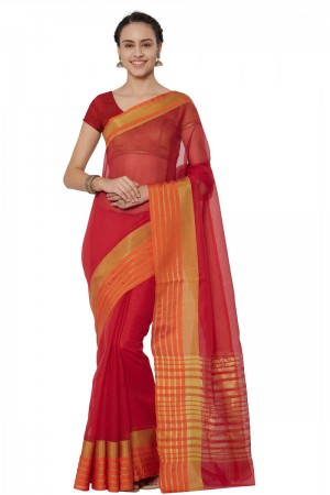 Admirable Red Cotton and Silk Printed Casual Saree With Cotton and Silk Blouse
