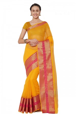 Classic Yellow Cotton and Silk Printed Casual Saree With Cotton and Silk Blouse