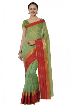 Lovely Green Cotton and Silk Printed Casual Saree With Cotton and Silk Blouse
