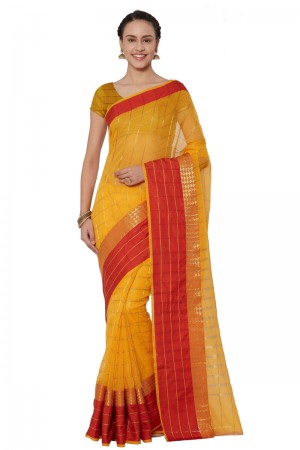 Excellent Yellow Cotton and Silk Printed Casual Saree With Cotton and Silk Blouse
