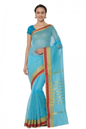 Charming Sky Blue Cotton and Silk Printed Casual Saree With Cotton and Silk Blouse