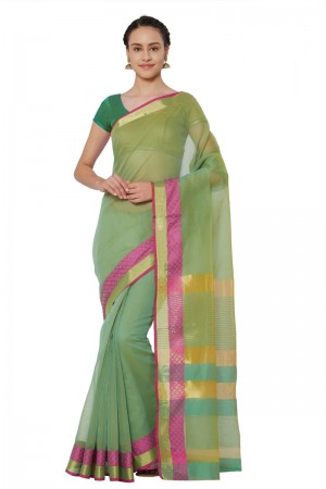 Lovely Green Cotton and Silk Printed Casual Saree With Cotton and Silk Blouse