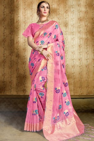 Stylish Pink Silk Jaquard Work Designer Saree With Silk Blouse