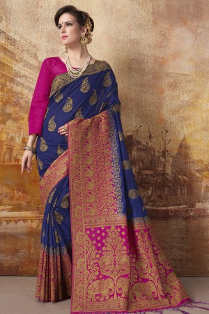 Ultimate Navy Blue Banarasi Silk Jaquard Work Designer Saree With Banarasi Silk Blouse