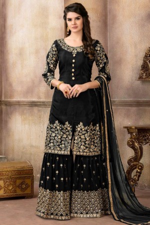 Gorgeous Black Silk Embroidered Sharara Plazo Salwar Suit With Net Dupatta