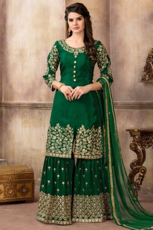 Pretty Green Silk Embroidered Sharara Plazo Salwar Suit With Net Dupatta