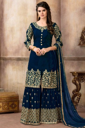 Ultimate Navy Blue Silk Embroidered Sharara Plazo Salwar Suit With Net Dupatta