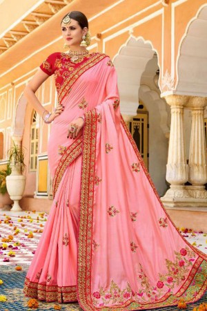 Classic Pink Fancy Fabric Embroidered Saree With Fancy Fabric Blouse