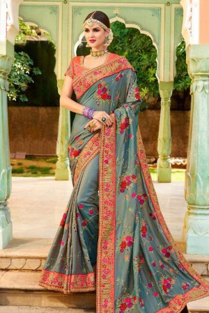 Stylish Grey Fancy Fabric Embroidered Saree With Fancy Fabric Blouse