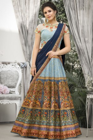 Lovely Sky Blue Banarasi Silk Embroidered Work Lehenga Choli With Net Dupatta