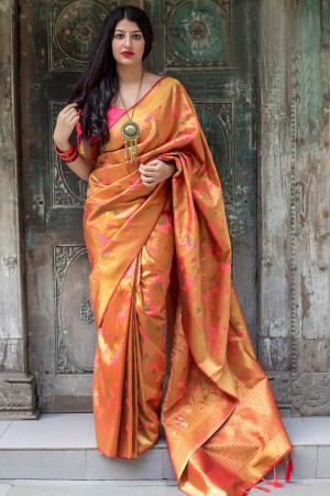 Pretty Orange  Silk Jaquard Work Designer Saree With Silk Blouse