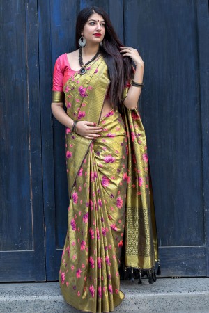 Gorgeous Mehendi Green Silk Jaquard Work Designer Saree With Silk Blouse