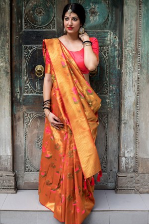 Desirable Orange Silk Jaquard Work Designer Saree With Silk Blouse