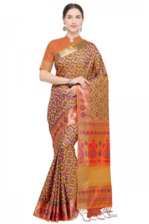 Stylish Orange Jaquard Work Designer Silk Saree With Silk Blouse