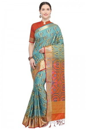 Charming Turquoise Jaquard Work Designer Silk Saree With Silk Blouse