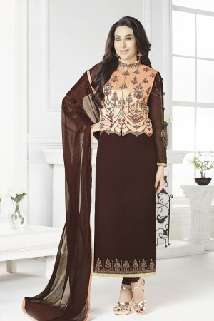 Karisma Kapoor Beautiful Brown Georgette Embroidered Designer Salwar Suit With Organza Dupatta