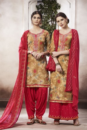 Desirable Brown Cotton Embroidered Patiala Salwar Suit With Nazmin Dupatta