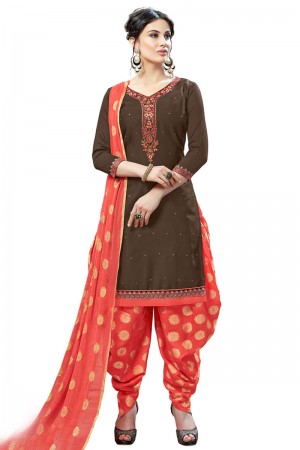 Ultimate Coffee Cotton Embroidered Patiala Salwar Suit With Chiffon Dupatta