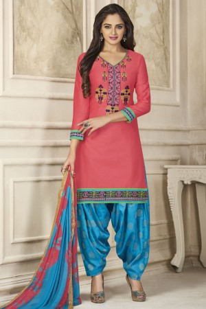 Classic Peach Cotton Embroidered Patiala Salwar Suit With Nazmin Dupatta