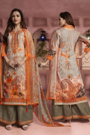 Charming Orange Cotton Embroidered Plazo Salwar Suit With Chiffon Dupatta