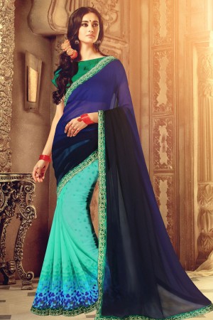 Ultimate Turquoise Printed Weightless Saree With Banglori Silk Blouse