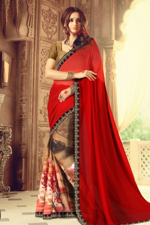 Stylish Red Printed Weightless Saree With Banglori Silk Blouse