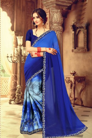 Excellent Blue Printed Weightless Saree With Banglori Silk Blouse