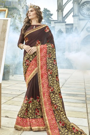 Beautiful Brown Georgette Embroidered Saree With Banglori Silk Blouse