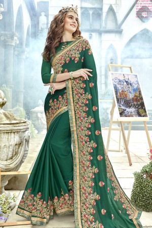 Graceful Green Georgette Embroidered Saree With Banglori Silk Blouse