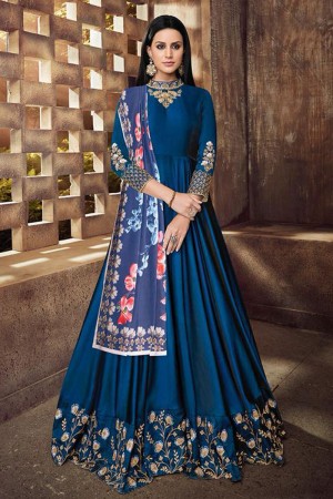 Lovely Blue Silk Embroidered Party Wear Gown