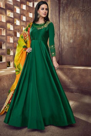 Beautiful Green Silk Embroidered Work Long Length Gown