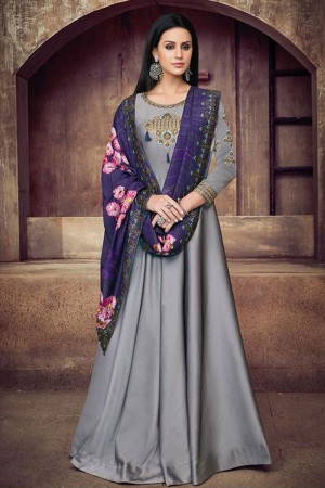 Excellent Silver Silk Embroidered Work Gown